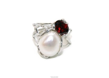 NSA|A007  Woman silver 925 adjustable ring made of lost wax with baroque pearl and dark red garnet