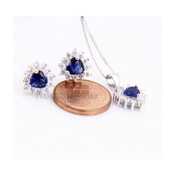 NSA|silver 925 necklace pendant earrings woman heart blue sapphire heart zircons