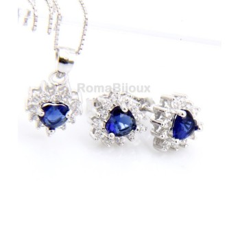 NSA|silver 925 necklace pendant earrings woman heart blue sapphire heart zircons