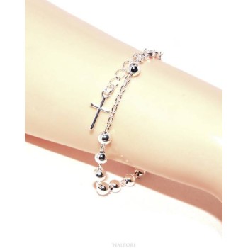 NSA|NALBORI Bracciale rosario uomo donna in Argento 925 croce latina 17,50-20 cm palline da 5 mm chiaro