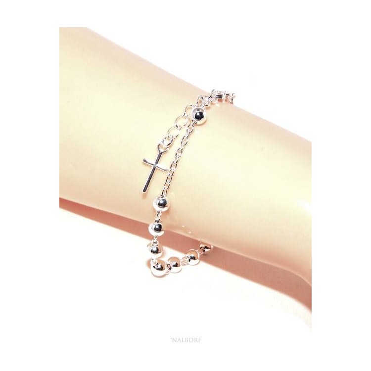 NSA|Rosary bracelet man woman in 925 Silver Latin cross 17,50-20 cm balls of 5 mm clear