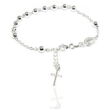 NSA|Bracciale rosario uomo donna in Argento 925 croce latina 17,50-20 cm palline da 5 mm chiaro NALBORI