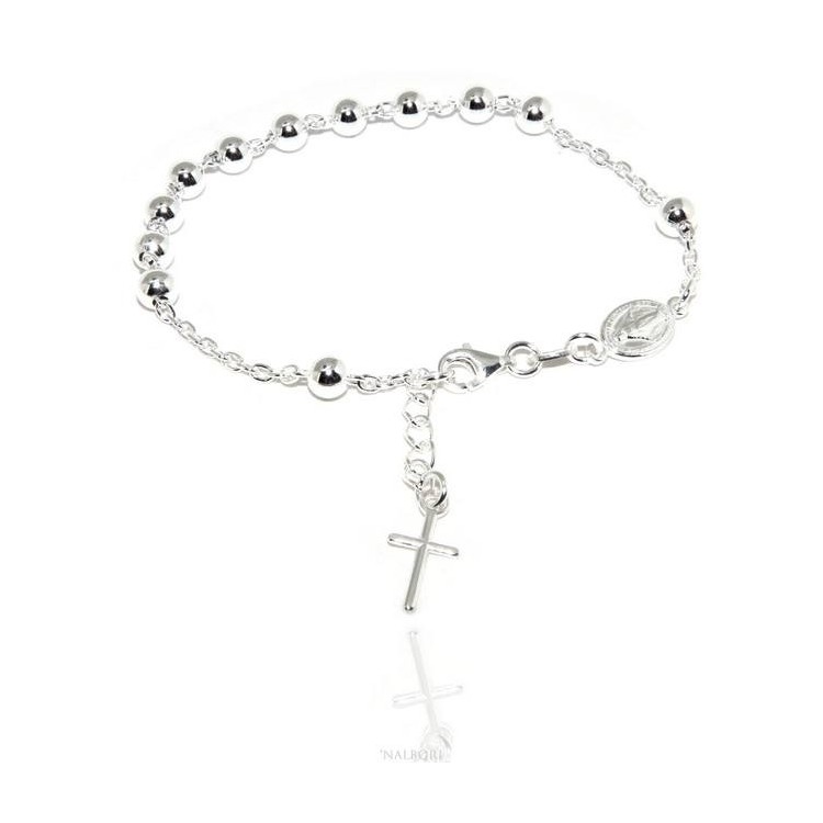 NSA|Rosary bracelet man woman in 925 Silver Latin cross 17,50-20 cm balls of 5 mm clear NALBORI