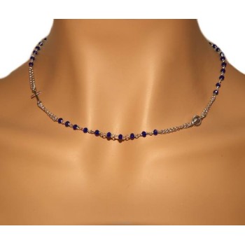 NSA|Collana Rosario uomo Argento 925 Con cristallo blu croce e madonna 45+5 cm