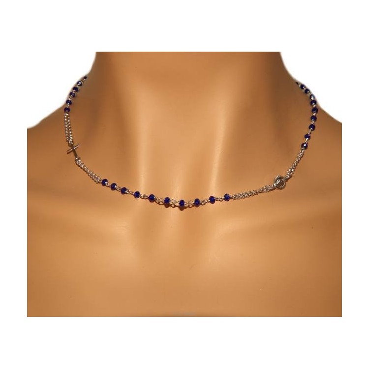 NSA|Rosary Necklace 925 Silver Man With blue crystal cross and madonna 45 + 5 cm