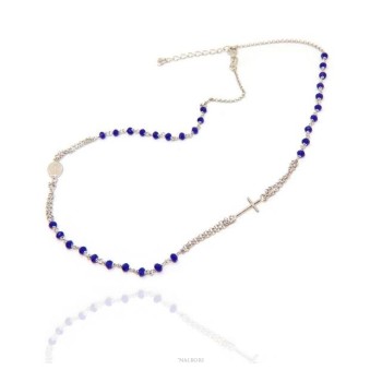 NSA|Rosary Necklace 925 Silver Man With blue crystal cross and madonna 45 + 5 cm