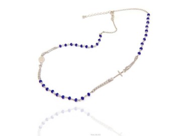 NSA|Rosary Necklace 925 Silver Man With blue crystal cross and madonna 45 + 5 cm