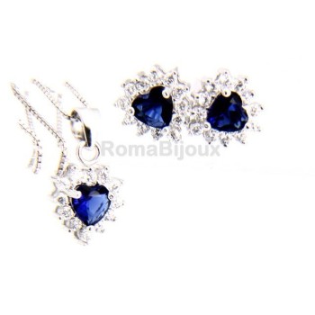 NSA|silver 925 necklace pendant earrings woman heart blue sapphire heart zircons