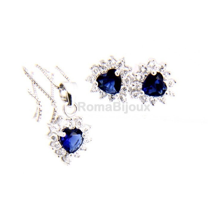 NSA|silver 925 necklace pendant earrings woman heart blue sapphire heart zircons