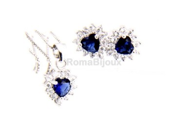 NSA|silver 925 necklace pendant earrings woman heart blue sapphire heart zircons