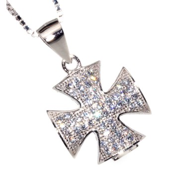 NSA|925 sterling silver necklace Maltese cross cubic zirconia pendant collier