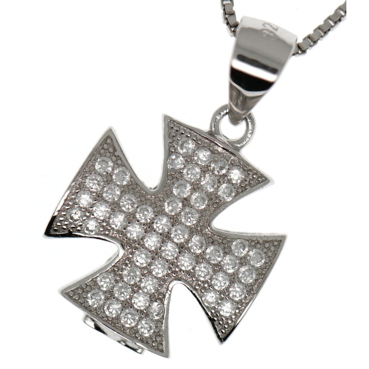 NSA|925 sterling silver necklace Maltese cross cubic zirconia pendant collier