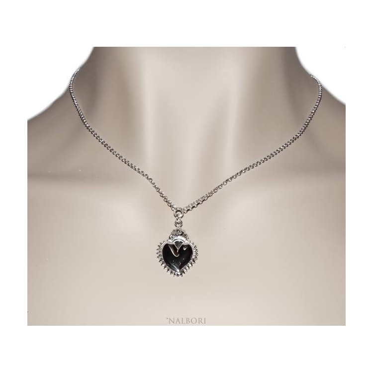 NSA|NALBORI collana argento 925 donna rolo' 45+5 con ciondolo sacro cuore fiamma ex voto bagno oro bianco