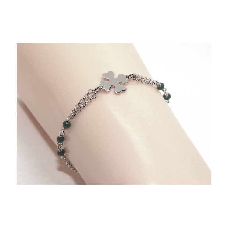 NSA|NALBORI Woman bracelet Silver 925 rosary working green crystal with four-leaf clover measuring 15-18 cm