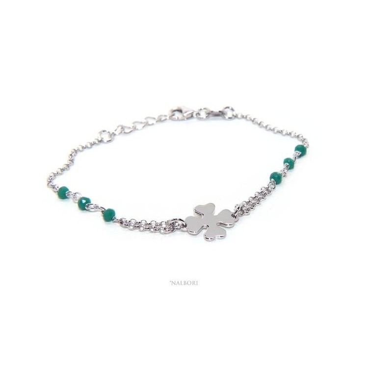 NSA|bra_064 NALBORI Bracciale donna Argento 925 lavorazione a rosario cristallo verde con quadrifoglio misura 15-18 cm