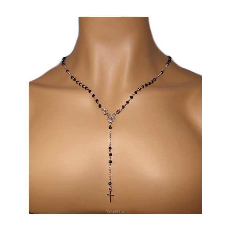 NSA|NALBORI Rosary Necklace 925 Silver With 3.5 mm Black Crystal Miraculous Madonna Cross 58 cm