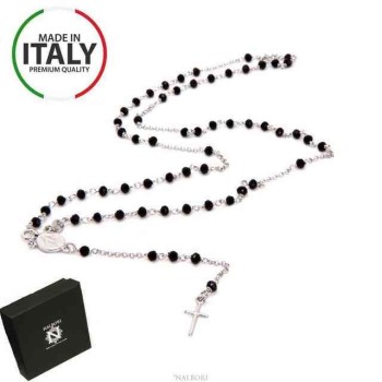 NSA|NALBORI Rosary Necklace 925 Silver With 3.5 mm Black Crystal Miraculous Madonna Cross 58 cm