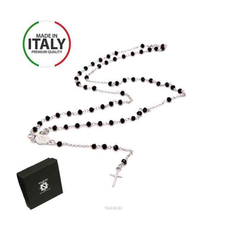 NSA|NALBORI Rosary Necklace 925 Silver With 3.5 mm Black Crystal Miraculous Madonna Cross 58 cm