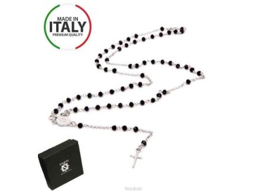NSA|NALBORI Rosary Necklace 925 Silver With 3.5 mm Black Crystal Miraculous Madonna Cross 58 cm