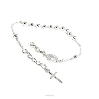 NSA|Bracciale rosario uomo donna in Argento 925 croce latina 16-19 cm palline da 4 mm chiaro