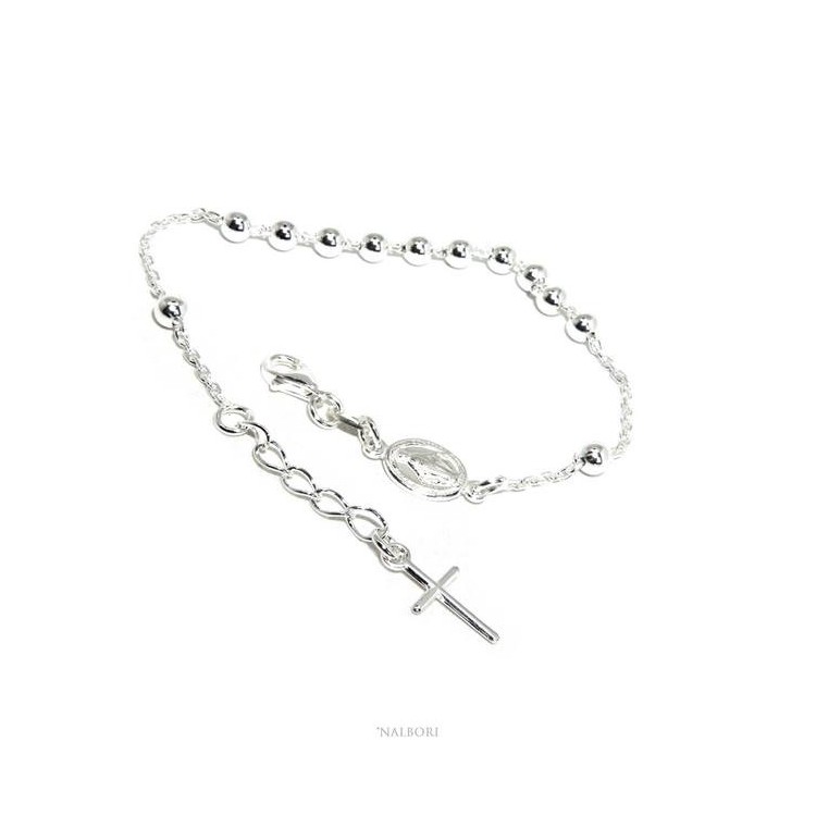 NSA|Rosary bracelet man woman in 925 Silver Latin cross 16-19 cm balls of 4 mm clear
