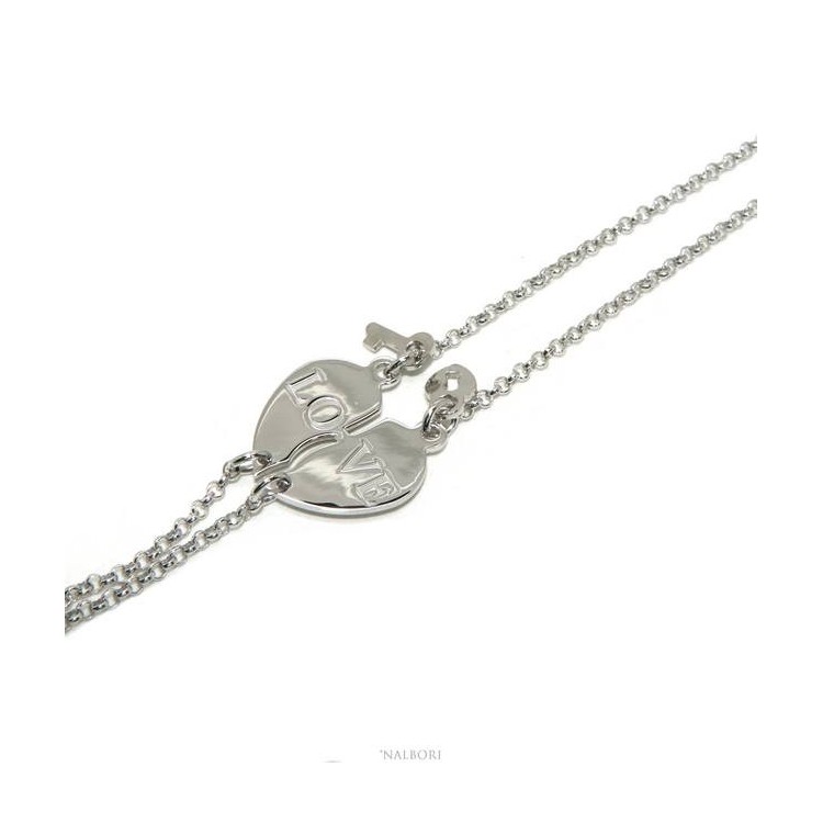 NSA|NALBORI Bracciale doppio LUI e LEI scritta LOVE lucchetto chiave Argento 925 cuore spezzato