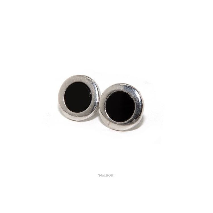 NSA|NALBORI earrings 925 sterling silver button 11mm men women onyx button wide rim