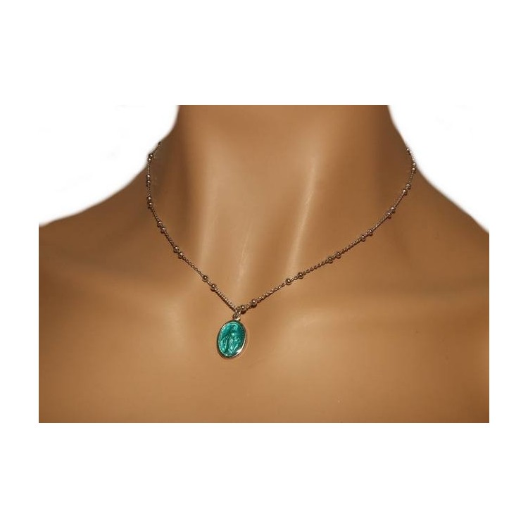 NSA|NALBORI Collana Rosario uomo donna Argento 925 con medaglia smaltata madonna miracolosa verde tiffany