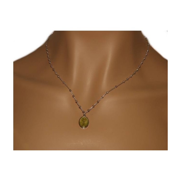 NSA|NALBORI Collana Rosario uomo donna Argento 925 con medaglia smaltata madonna miracolosa giallino giallo ocra