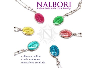 NSA|NALBORI Collana Rosario uomo donna Argento 925 con medaglia smaltata madonna miracolosa colorata