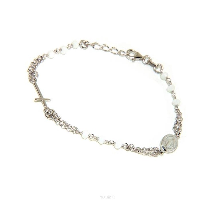 NSA|Bracciale rosario uomo donna Argento 925 madonna miracolosa , croce piccola e cristallo bianco . Mis. 16,50 - 19,00