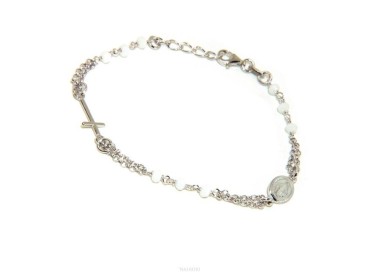 NSA|Bracciale rosario uomo donna Argento 925 madonna miracolosa , croce piccola e cristallo bianco . Mis. 16,50 - 19,00