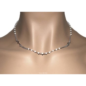 NSA|Rosary Necklace 925 Silver Man With white crystal cross and madonna 45 + 5 cm