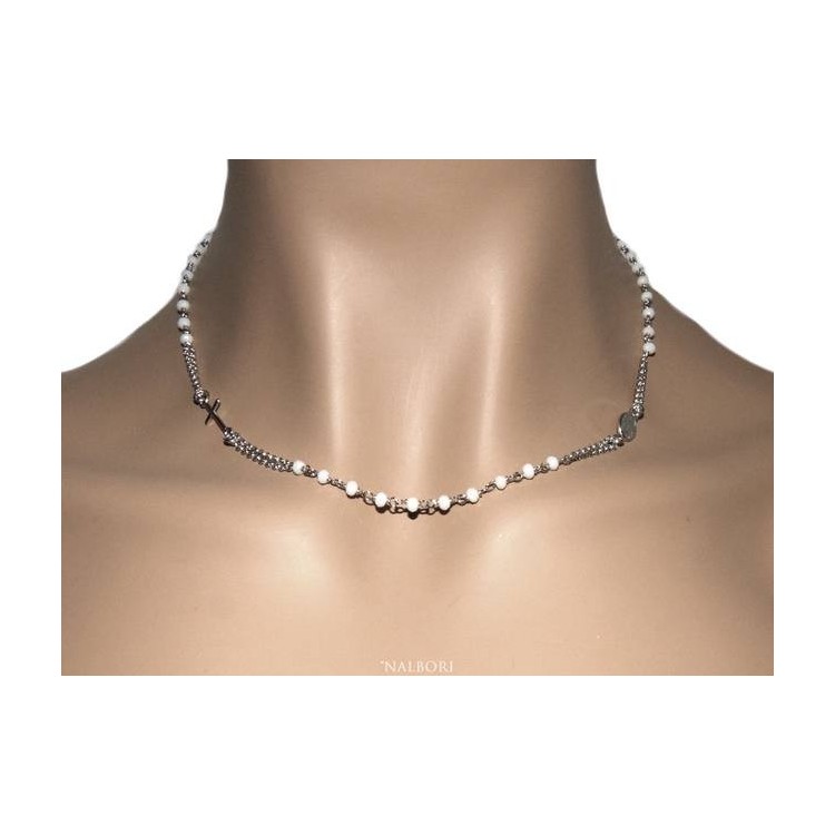 NSA|NALBORI Collana Rosario uomo Argento 925 Con cristallo bianco croce e madonna 45+5 cm