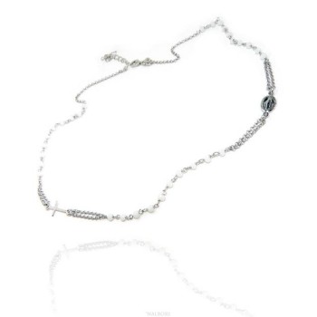 NSA|Rosary Necklace 925 Silver Man With white crystal cross and madonna 45 + 5 cm