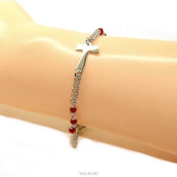 NSA|NALBORI Bracciale rosario Argento 925 con croce TAU e cristallo rosso 15 17.5 cm