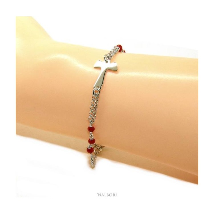 NSA|NALBORI Rosary bracelet Silver 925 with TAU cross and red crystal 15 17.5 cm