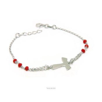 NSA|NALBORI Bracciale rosario Argento 925 con croce TAU e cristallo rosso 15 17.5 cm