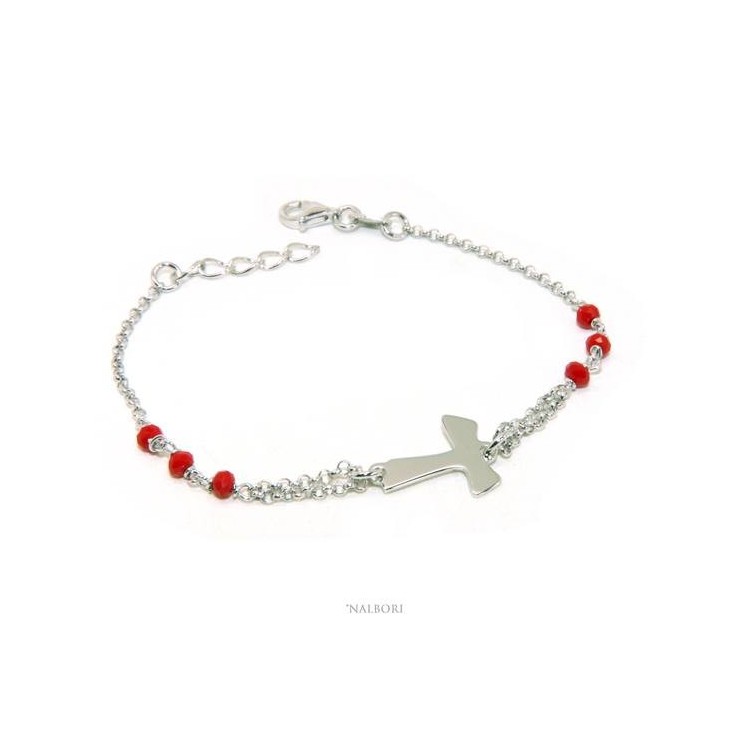 NSA|NALBORI Rosary bracelet Silver 925 with TAU cross and red crystal 15 17.5 cm