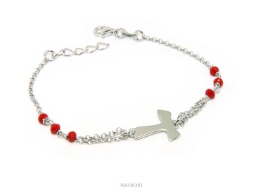 NSA|NALBORI Bracciale rosario Argento 925 con croce TAU e cristallo rosso 15 17.5 cm