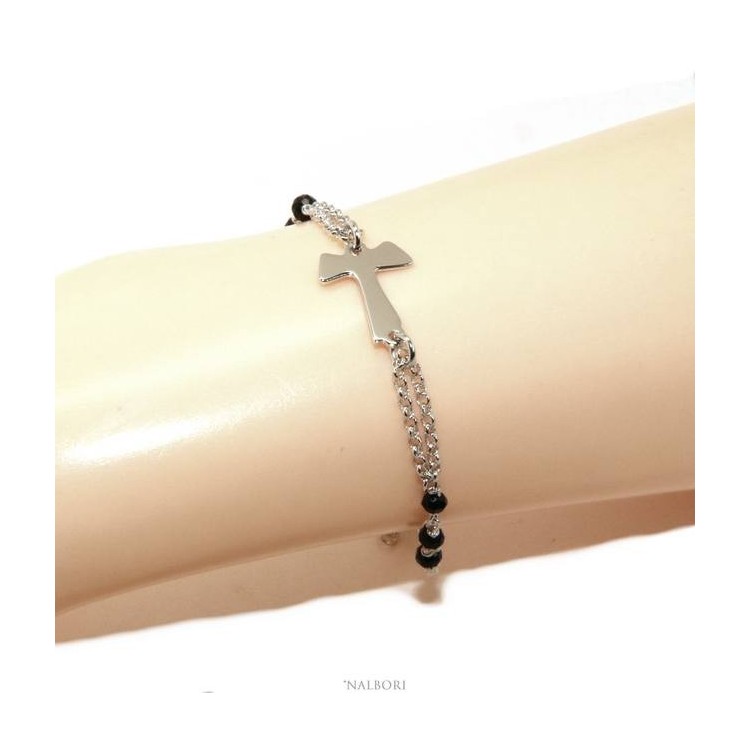 NSA|NALBORI Rosary bracelet Silver 925 with TAU cross and black crystal 17,5-20 cm