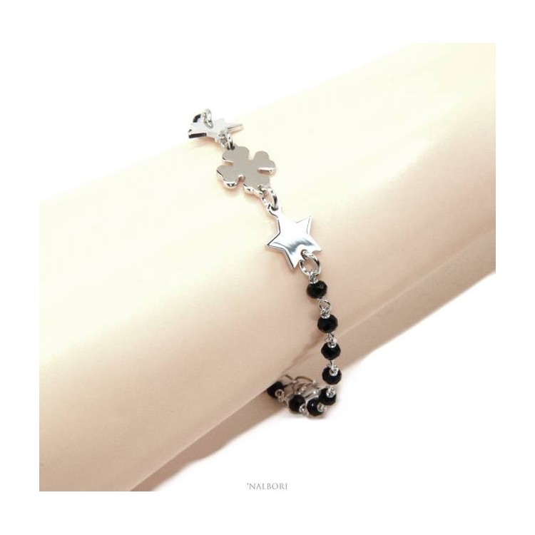 NSA|NALBORI Woman bracelet Silver 925 Marseillaise black four-leaf clover and stars success luck