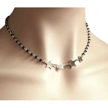 NSA|NALBORI necklace woman 925 Sterling Silver black Marseille with 4 stars