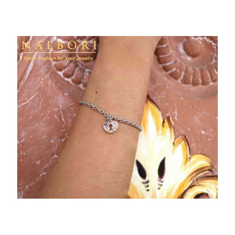 NSA|NALBORI Bracciale Argento 925 donna ragazza ciondolo cuore lucchetto e chiave zirconi in oro rosa