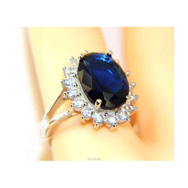 NSA|NALBORI for her, women's 925 silver ring with brilliant sapphire blue oval and round of stones