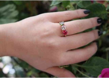 NSA|NALBORI anello trilogy per donna zircone verde bianco rosso argento 925 bagno oro rosa