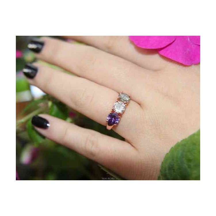 NSA|anello trilogy argento 925 oro rosa zirconi verdi viola regolabile NALBORI