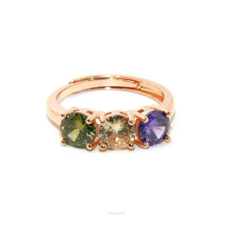 NSA|anello trilogy argento 925 oro rosa zirconi verdi viola regolabile NALBORI