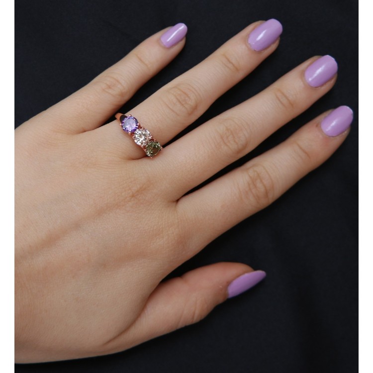 NSA|anello trilogy argento 925 rosa zirconi verdi viola regolabile NALBORI
