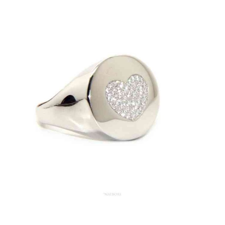 NSA|NALBORI anello chevalier cuore da donna in argento 925 zirconi bianchi